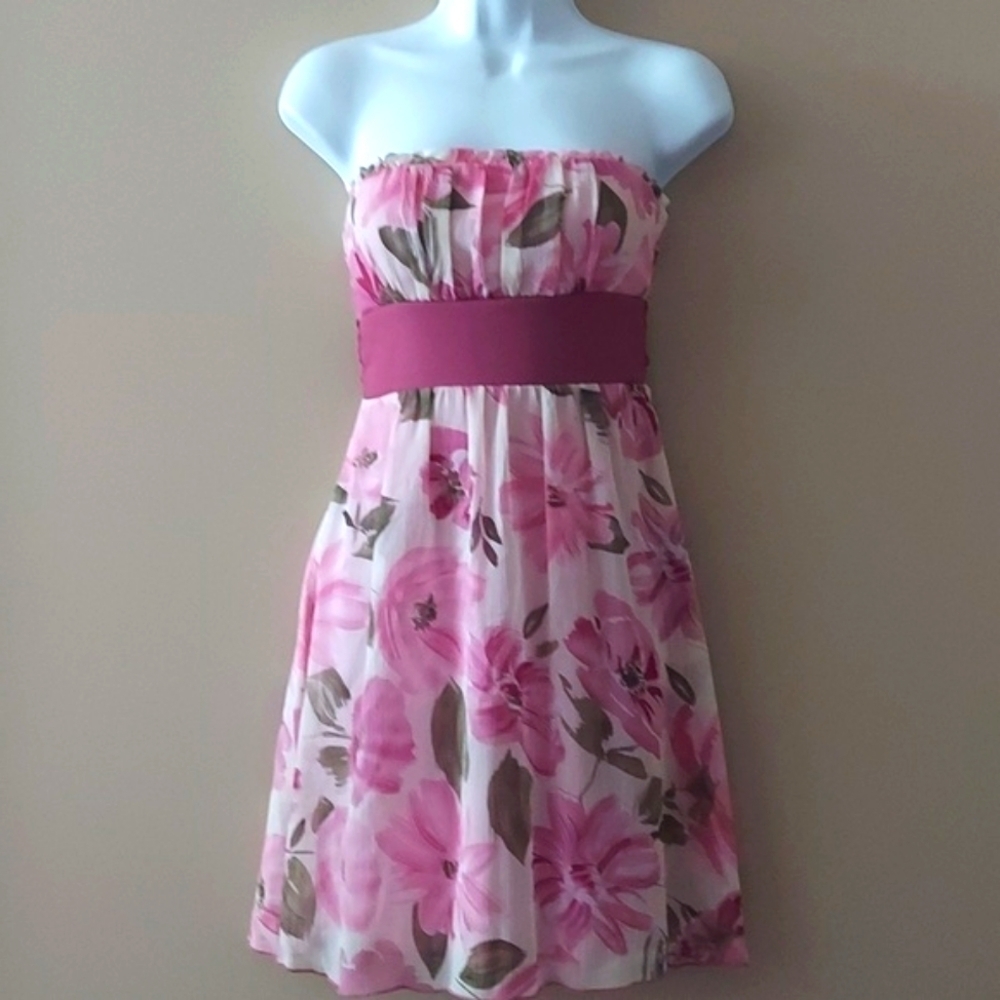 Floral strapless chiffon dress - pink - size 3 (Jr.) / XS